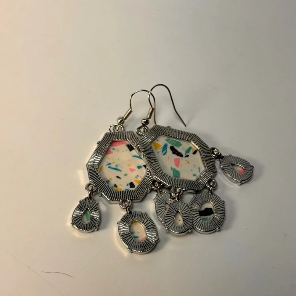 Earring Set Mauve Pink Tassel and Terrazzo Print Geometric‎ Drop Earrings